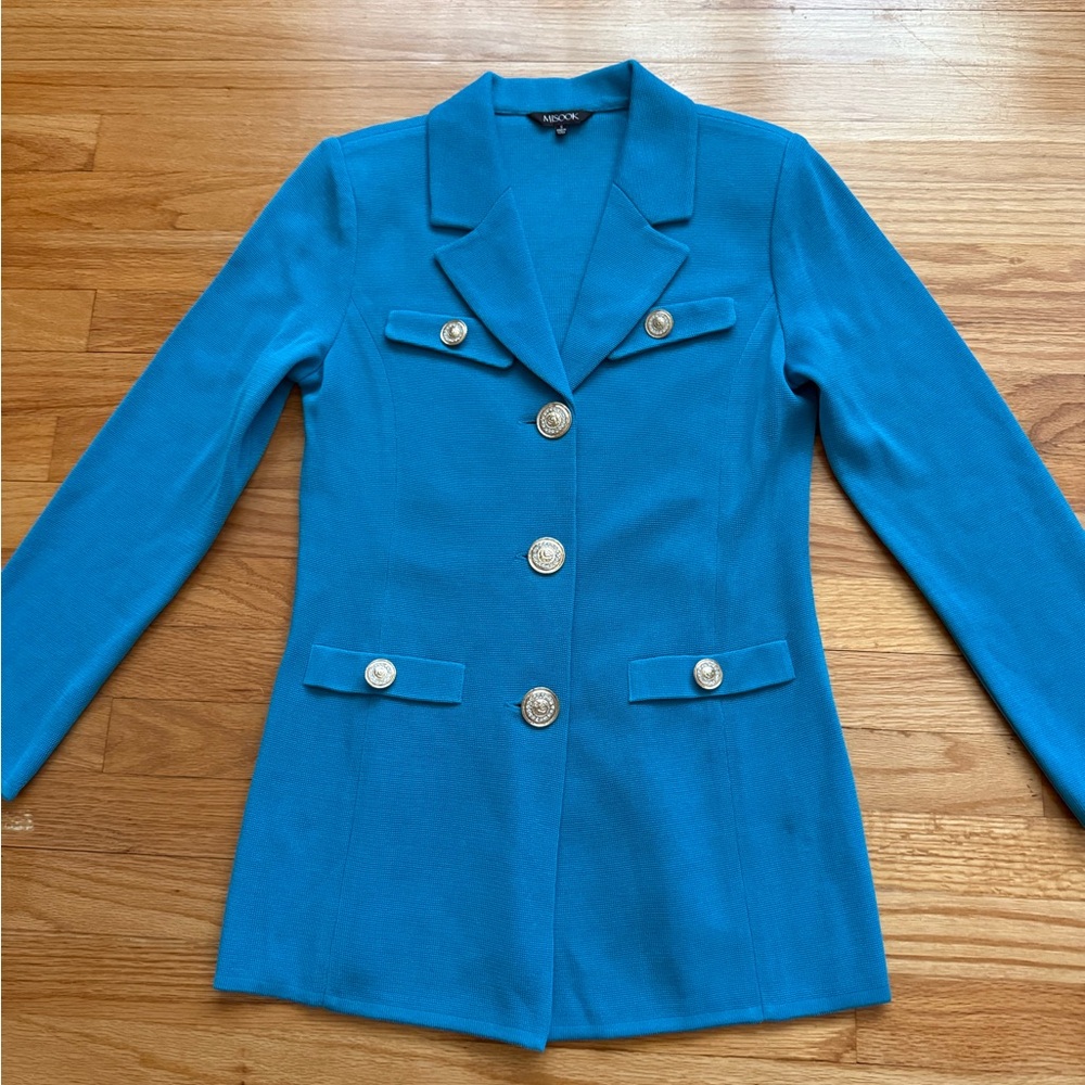 Misook Knit Blue Blazer Jacket with Silver Buttons S